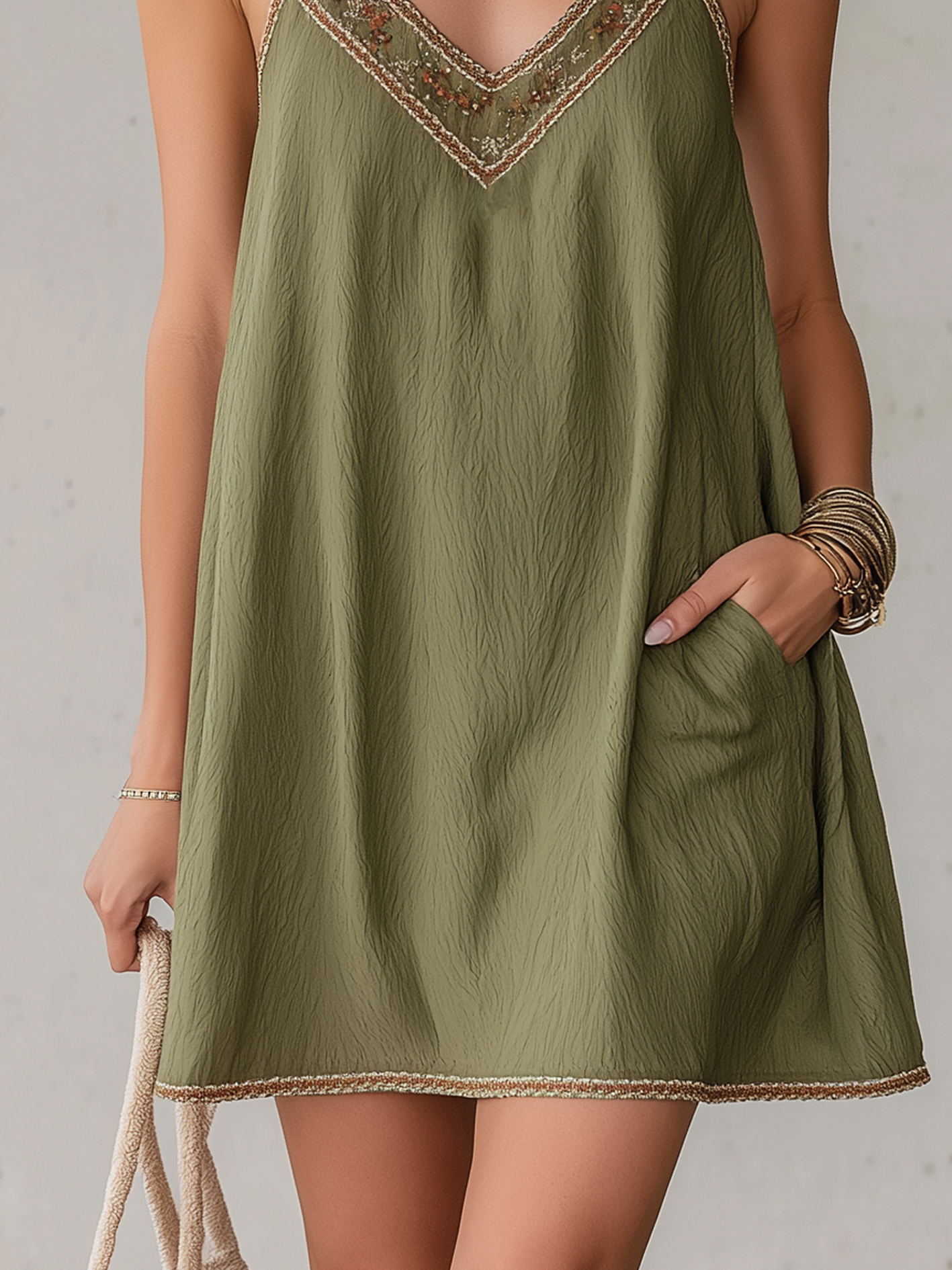 Olive Green Textured Embroidered Trim Mini Dress With Strap Detailing