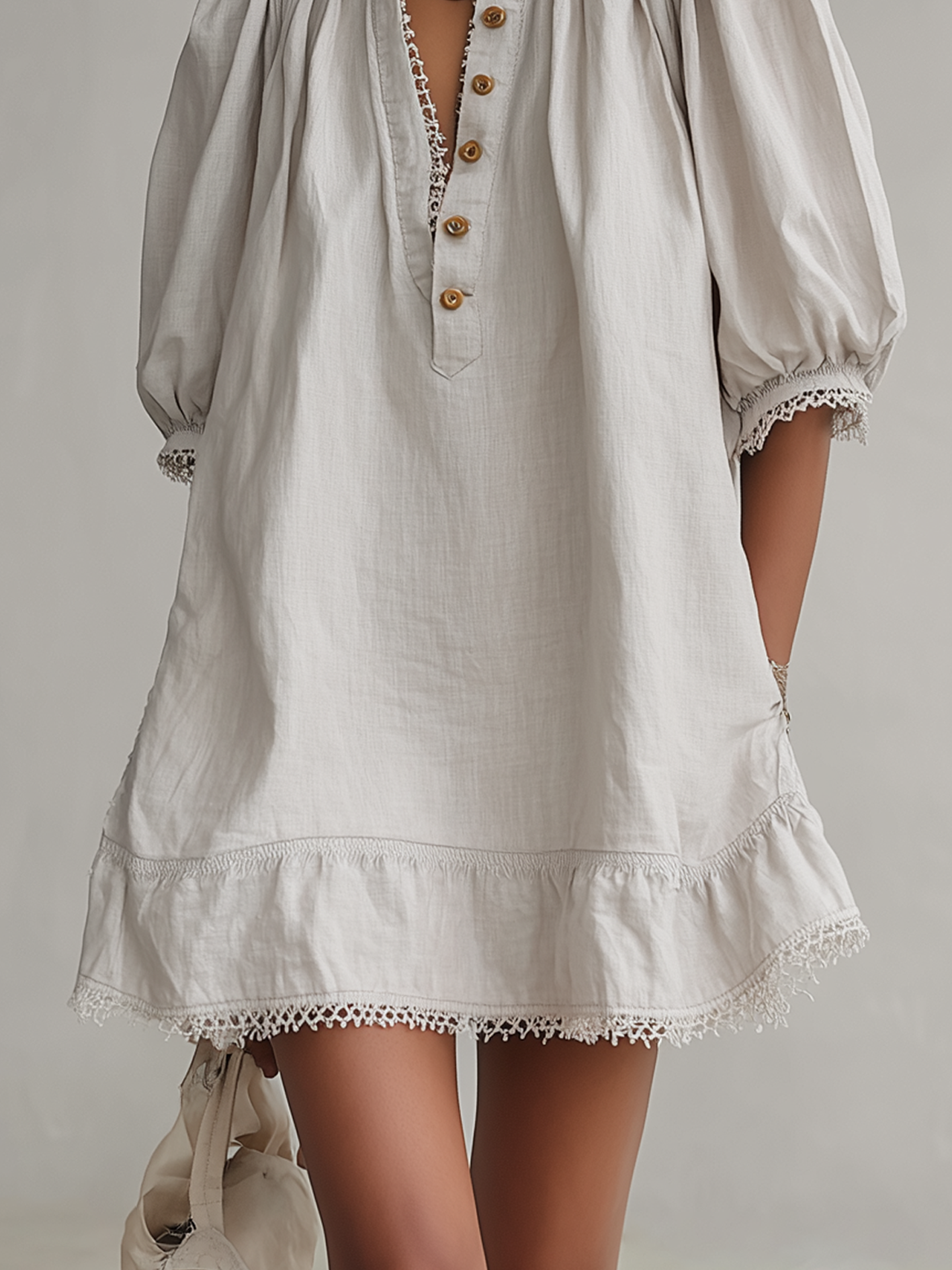 Light Gray Cotton Lace Trim Puff Sleeve Mini Dress