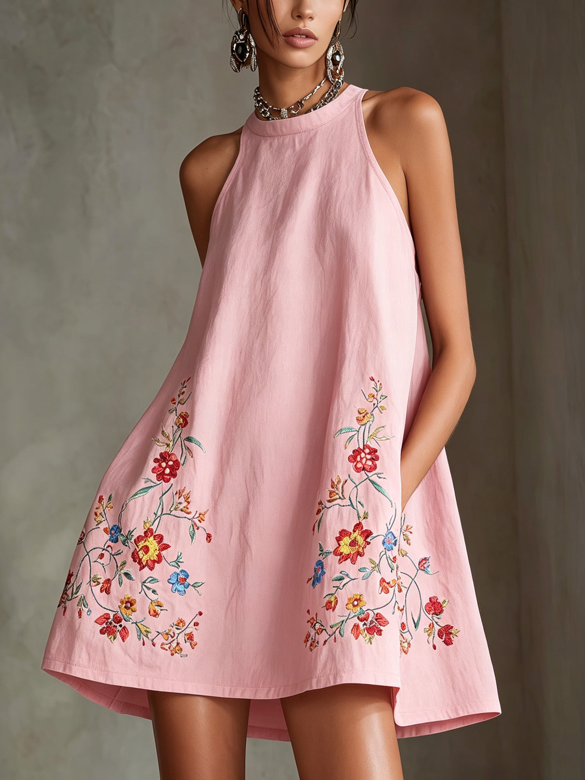 Black Embroidered Halter A-Line Mini Dress