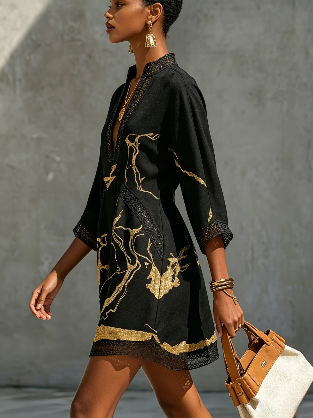 Ivory Gold Print V-Neck Mini Dress With Crochet Trim