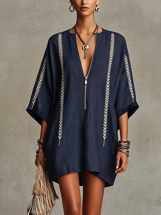 Navy Embroidered Mini Dress With Zip Front