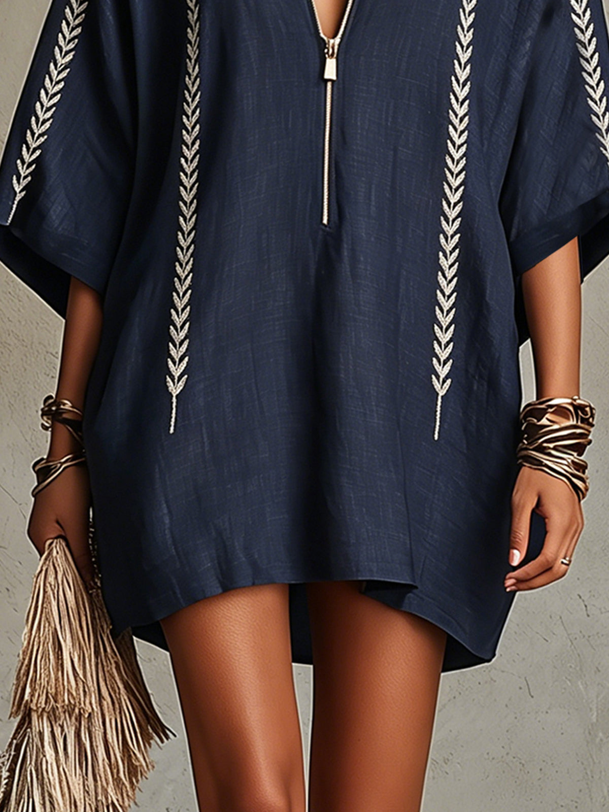 Navy Embroidered Mini Dress With Zip Front
