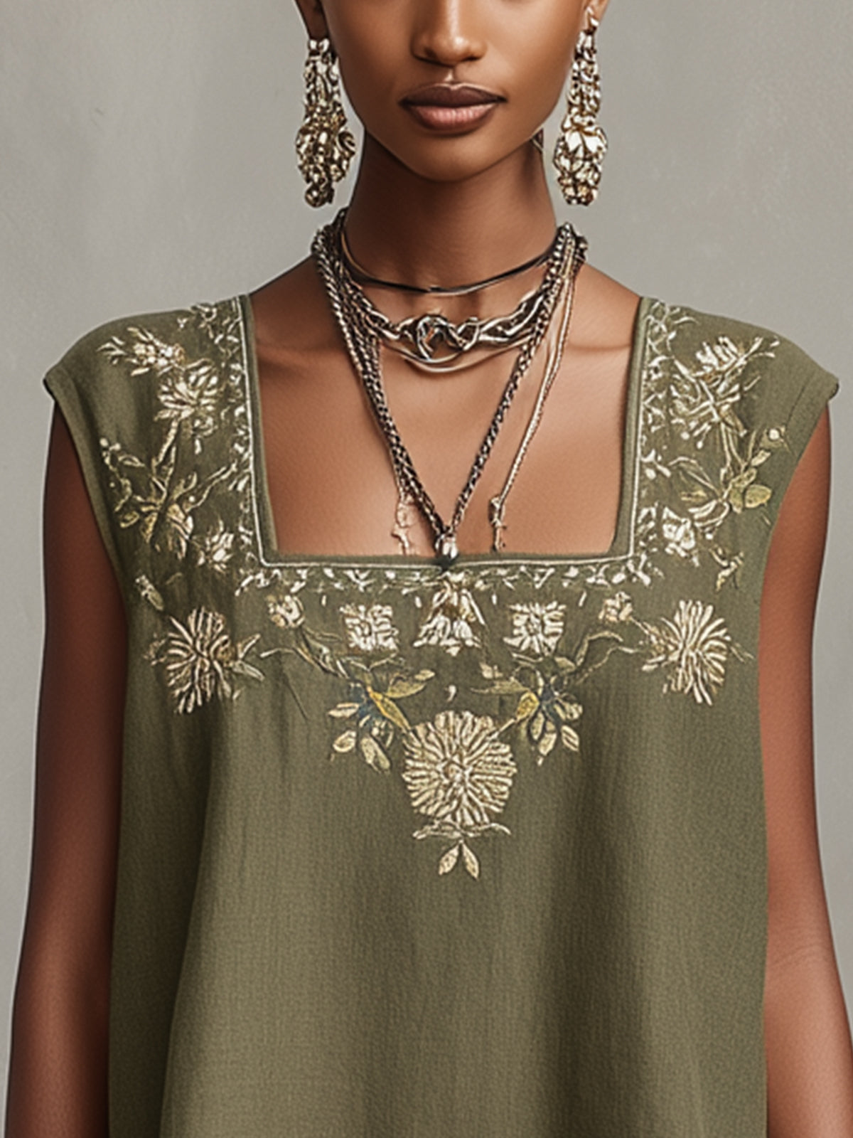 Olive Green Sleeveless Mini Dress With Embroidered Square Neckline
