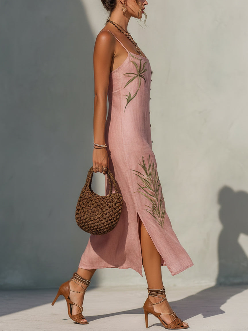 Pink Linen Print Midi Dress with Coconut Buttons