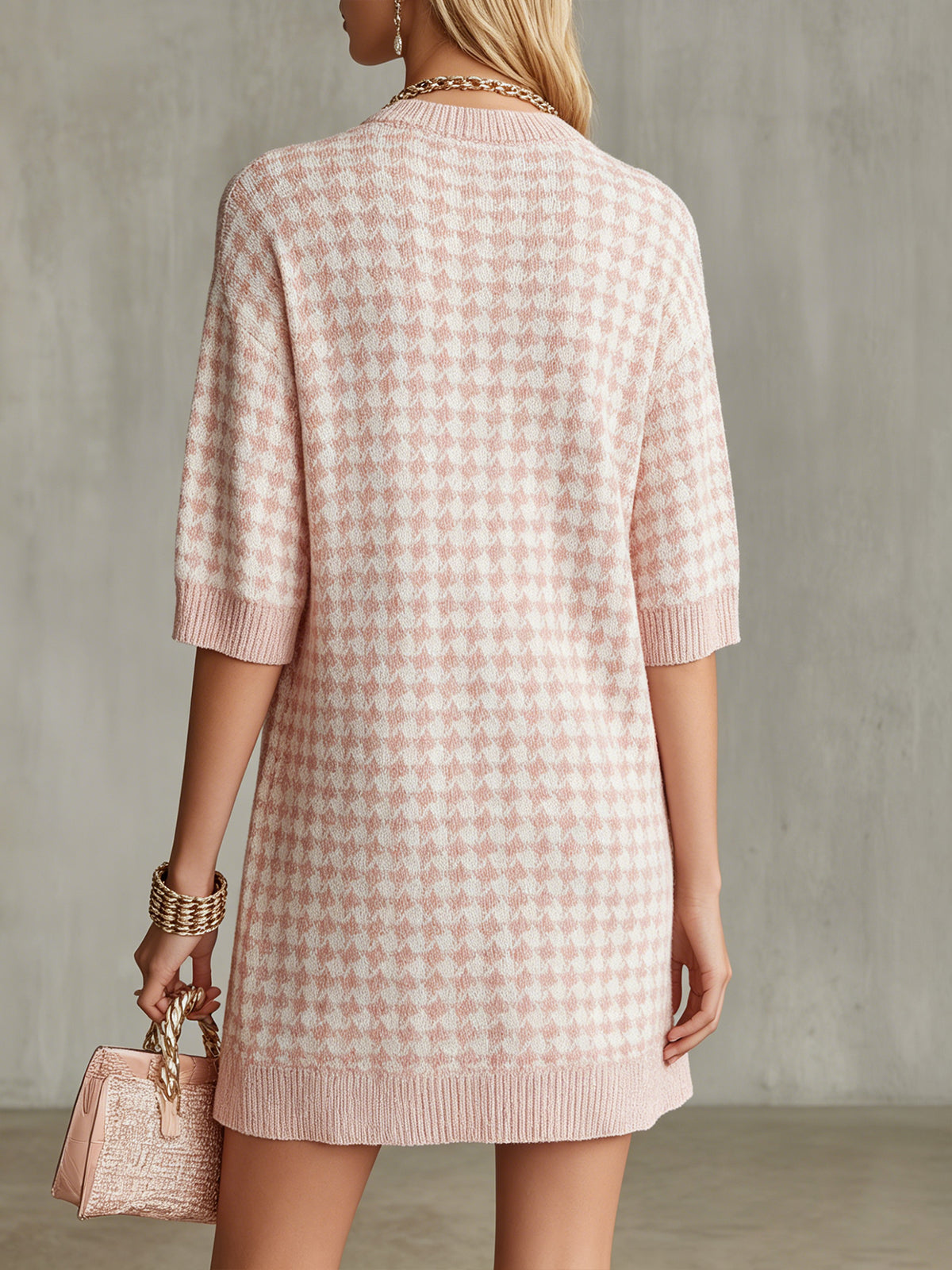 Pink Houndstooth Knit Mini Dress With Half Sleeves