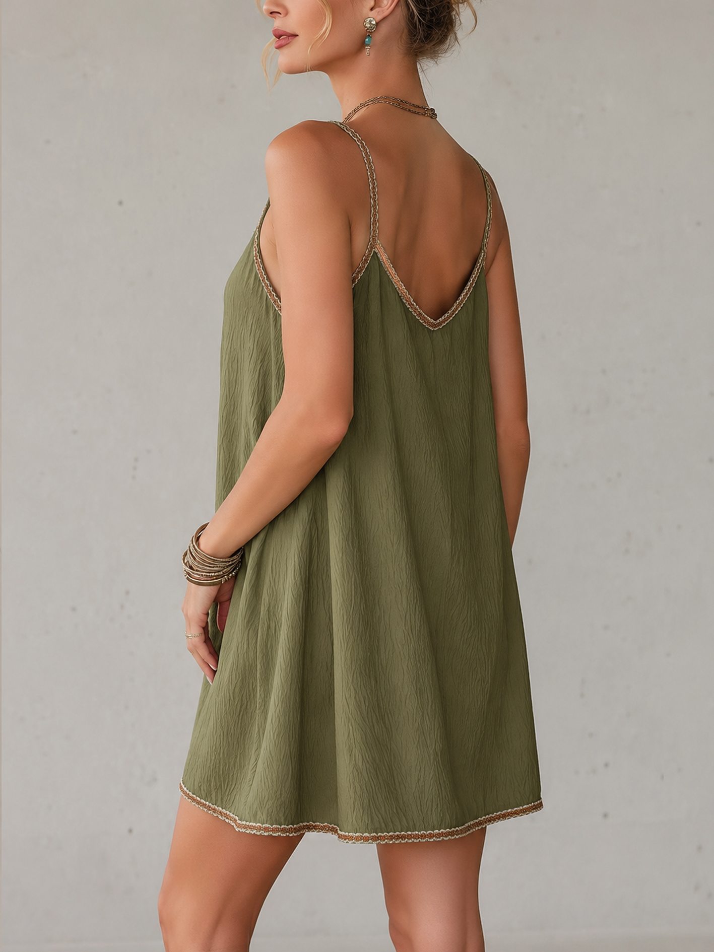 Olive Green Textured Embroidered Trim Mini Dress With Strap Detailing
