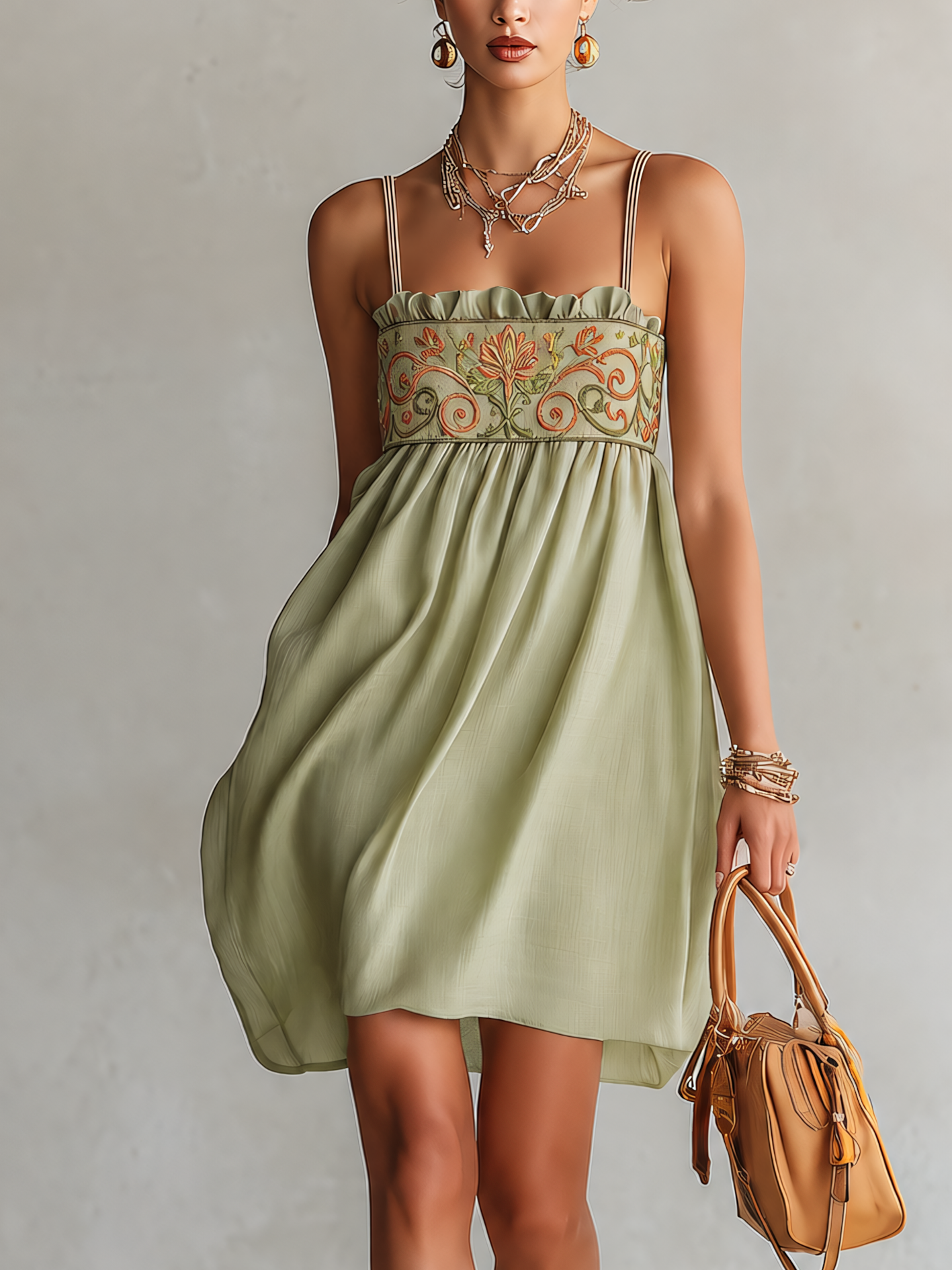 Light Green Embroidered Vintage Ruffle Spaghetti Strap Mini Dress