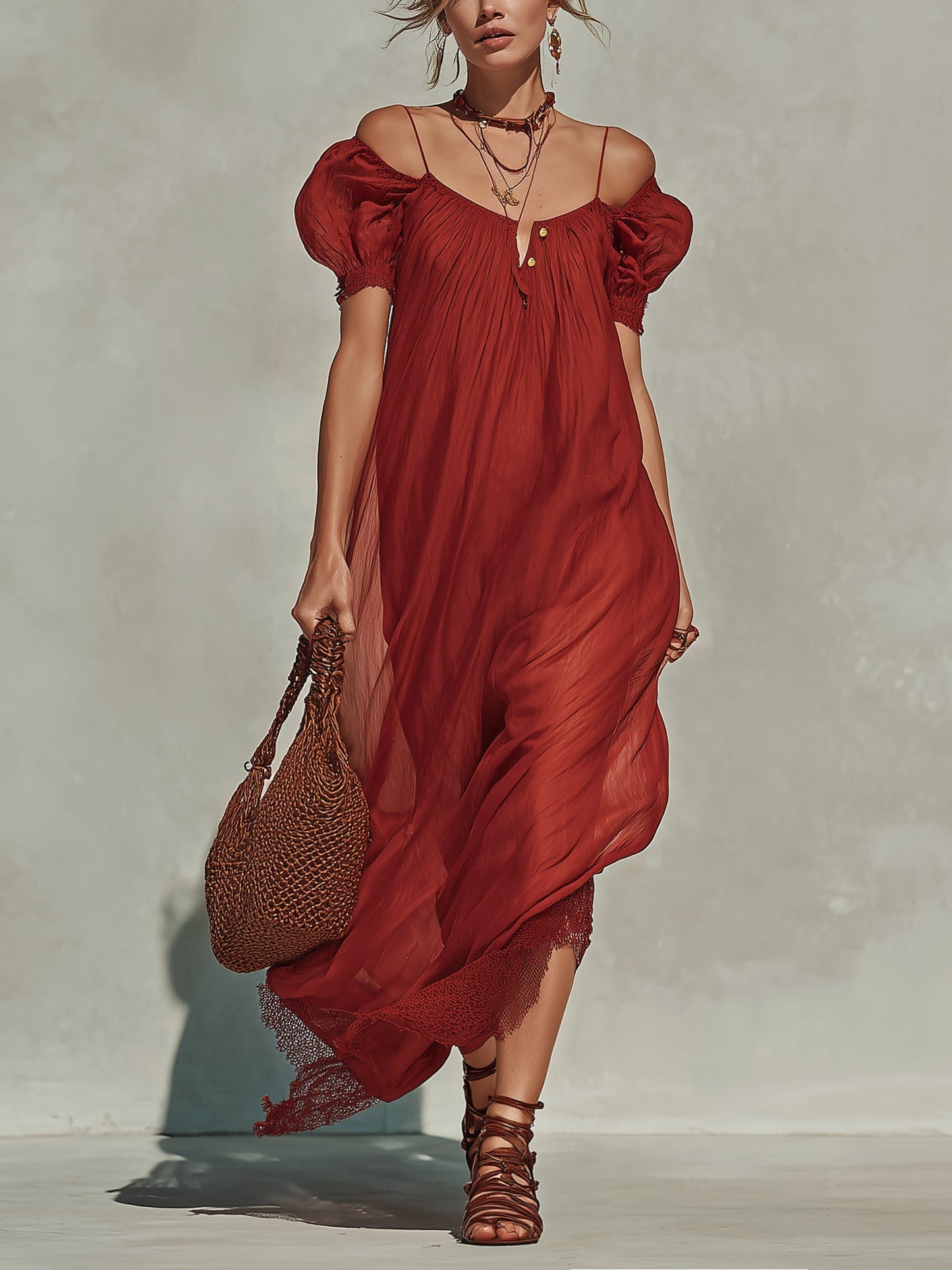 Red Chiffon Maxi Dress With Gold Buttons