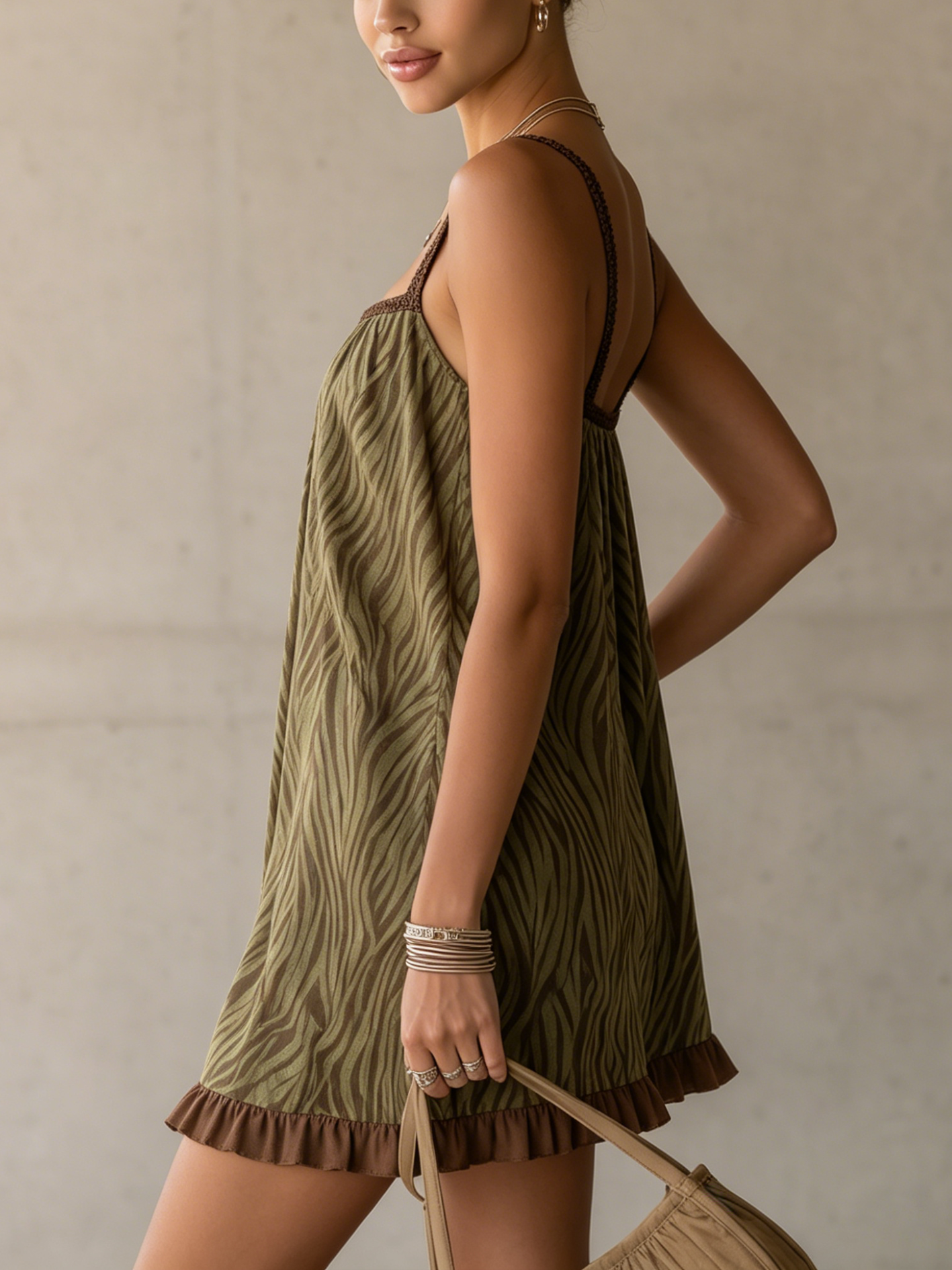 Olive Green Zebra Print Mini Dress With Woven Trim And Ruffled Hem