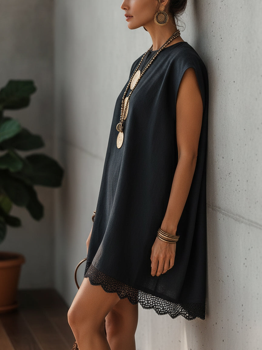 Black Embroidered Linen Mini Dress