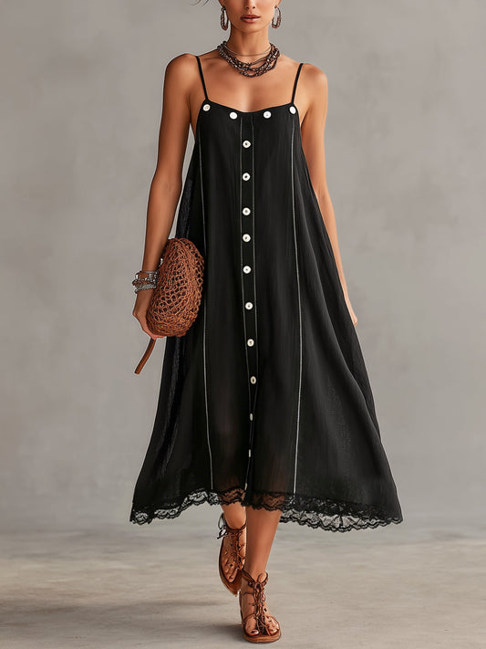 Black Sleeveless Embroidered Linen Maxi Dress