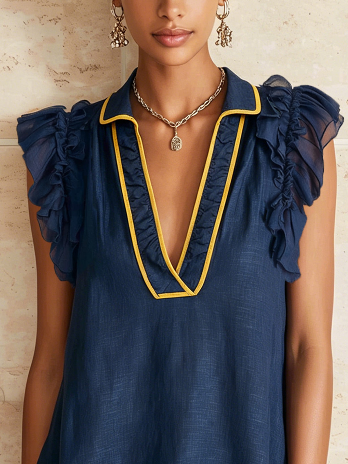 Navy Ruffle Mini Dress With Contrast Yellow Trim