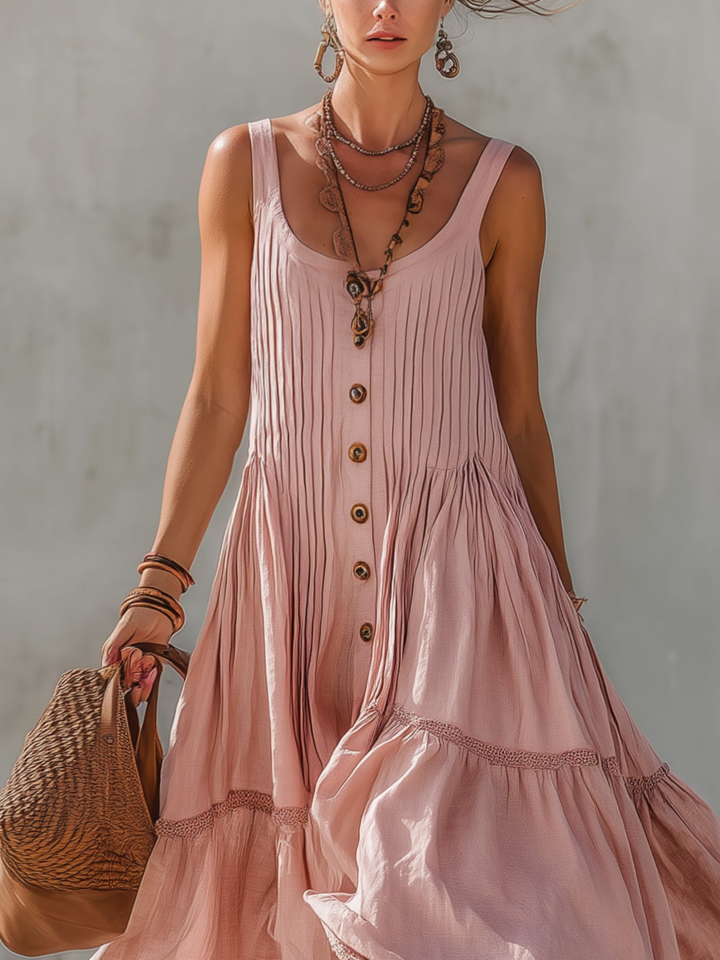 Pink Linen Blend Sleeveless Pleated Maxi Dress