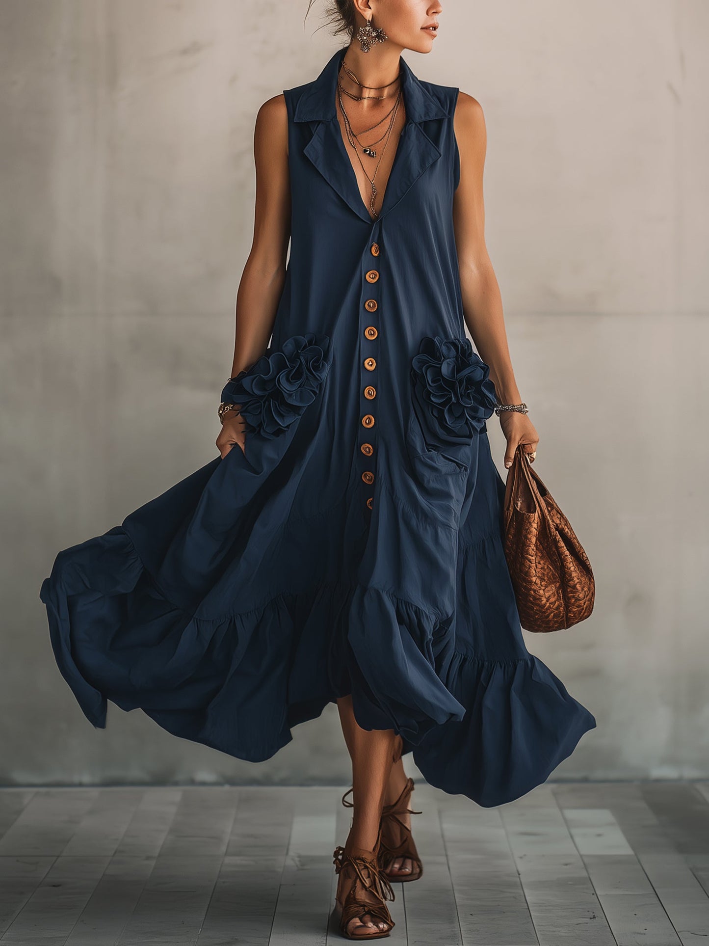 Navy Sleeveless Button Up Floral Maxi Dress